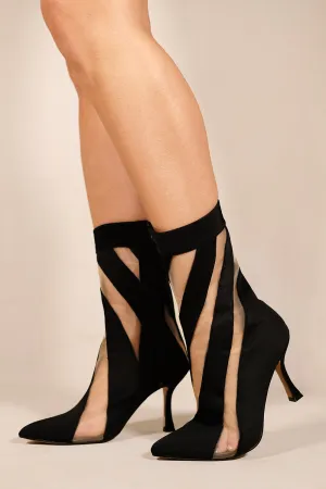 MACARIA MESH STRIPE MID CALF HIGH HEEL BOOTS WITH SIDE ZIP IN BLACK LYCRA