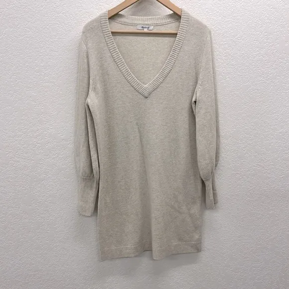 Madewell Vneck Puff Sleeve Sweater Mini Dress in Oatmeal M Merino Wool B…