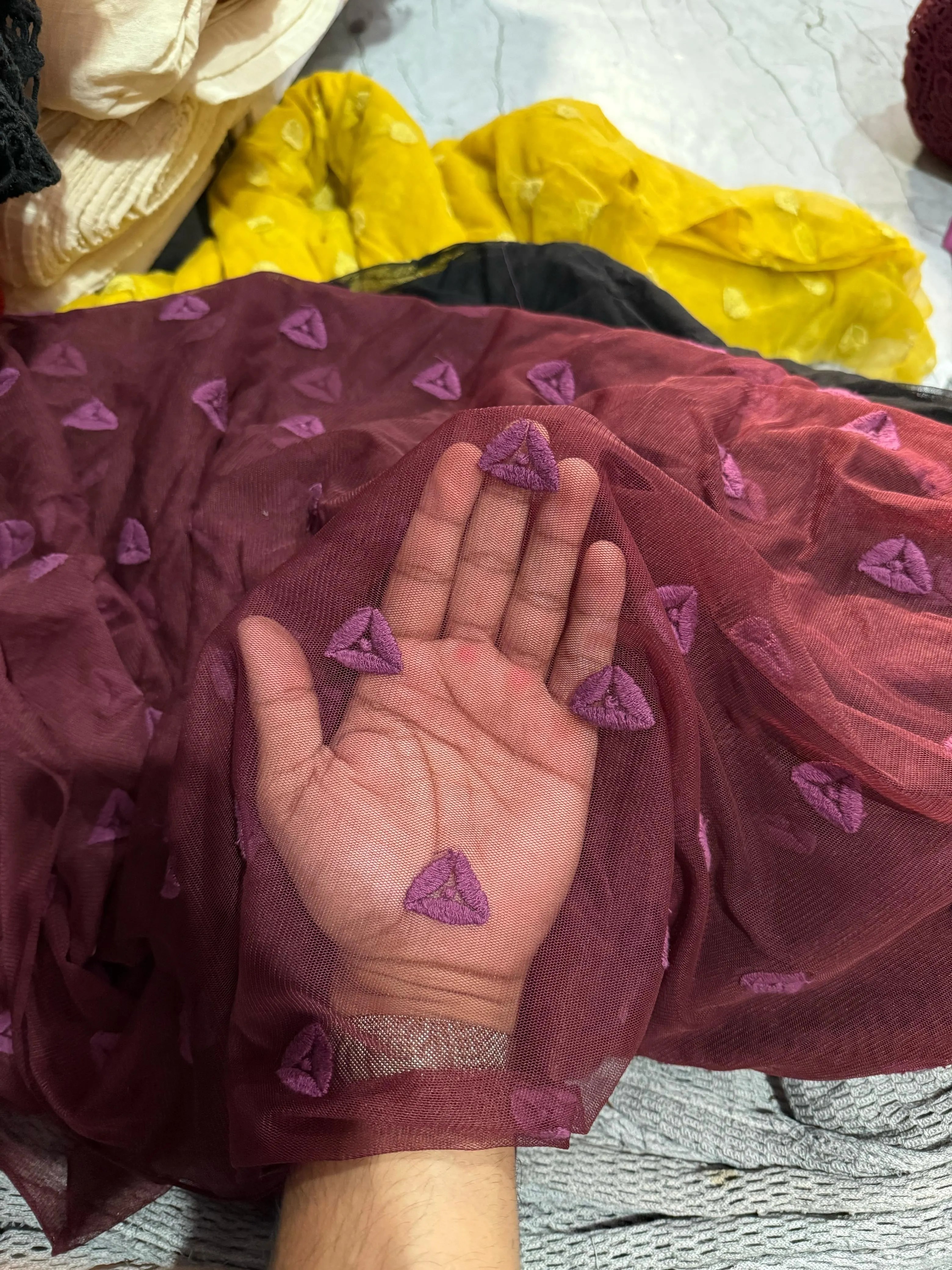 Mesh Embroidery Maroon Trikon Fabric