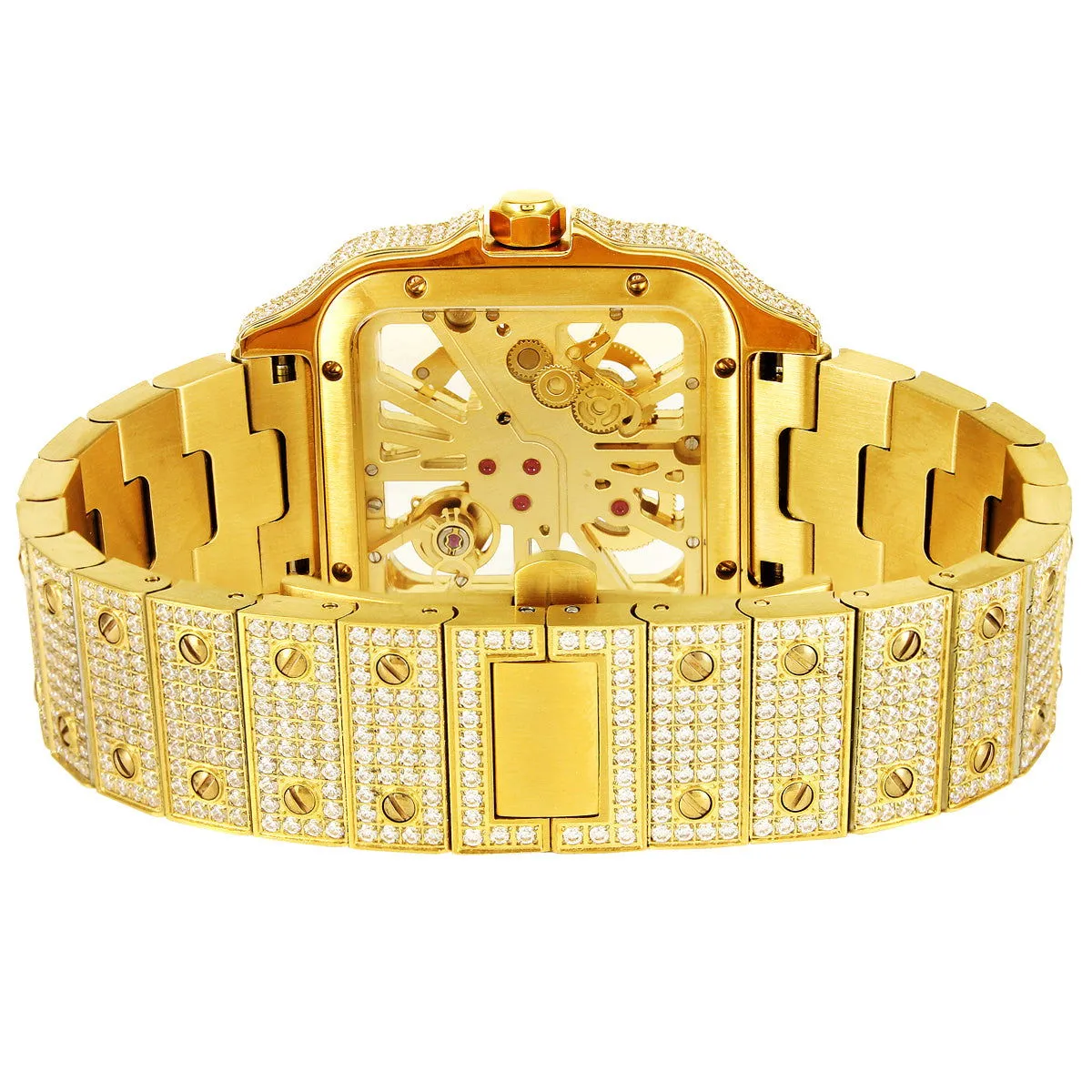 Moissanite Skeleton Dial Gold Stainless Steel Watch (Made To Order)