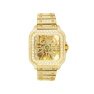 Moissanite Skeleton Dial Gold Stainless Steel Watch (Made To Order)