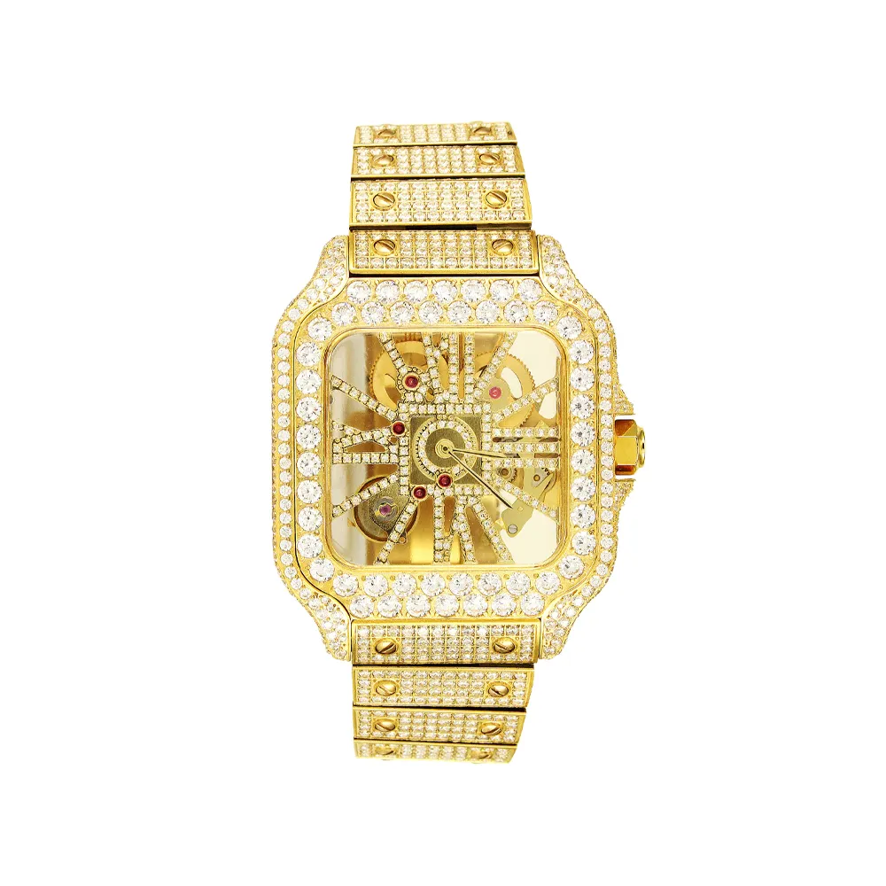 Moissanite Skeleton Dial Gold Stainless Steel Watch (Made To Order)