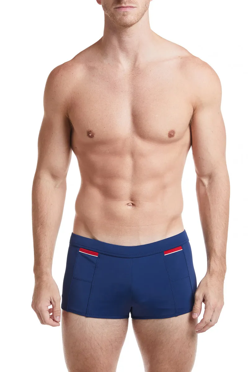 Navy - LANGSTON Square Cut Swim Brief with Red Trim