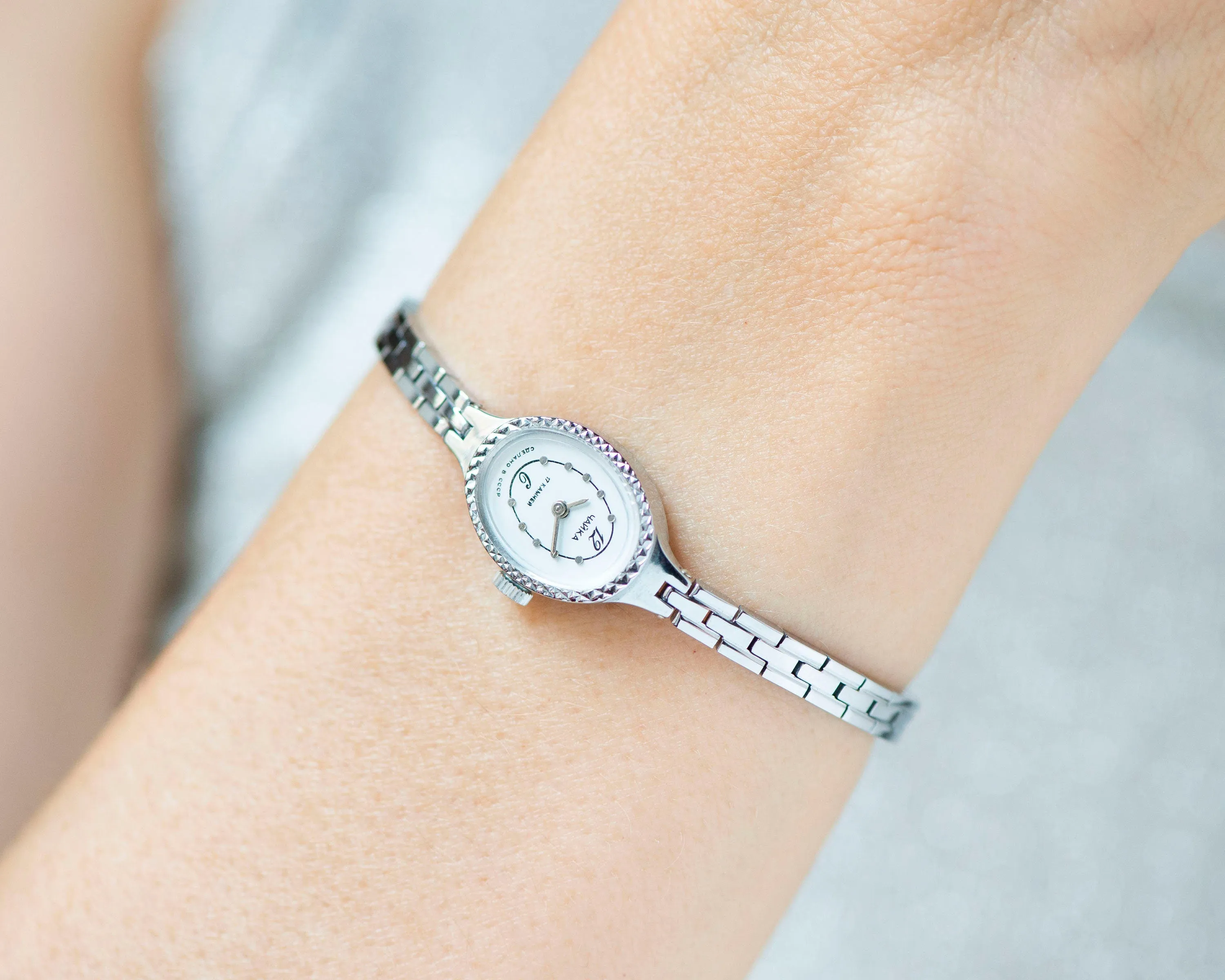 New old stock cocktail watch bracelet silver shade Seagull, oval women wrist watch classic jewelry Christmas gift for lady, chic accessory