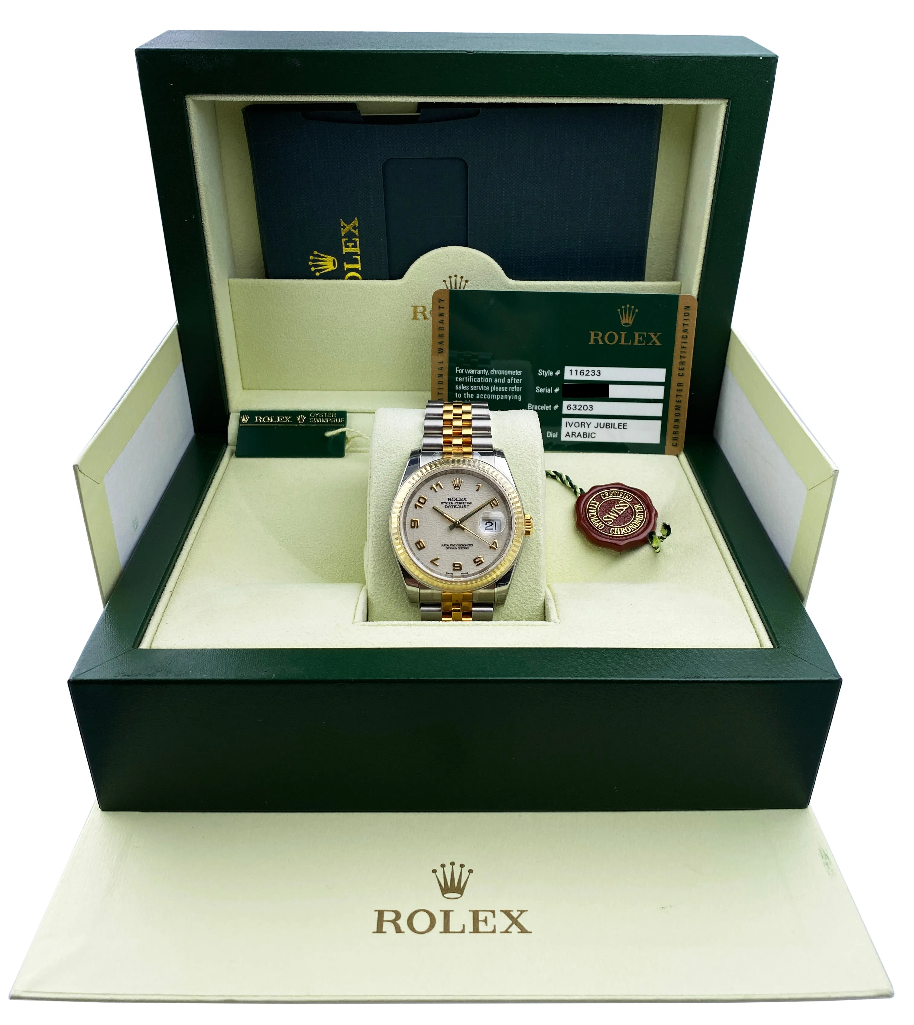 NOS With Stickers Rolex Datejust 116233 Ivory Anniversary Dial Mens Watch Box Papers