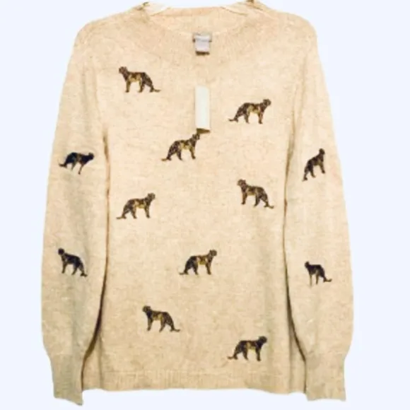 NWT Embroidered Cheetah Chico’s Soft Cashmere /Wool Blend Knit Pullover Sweater