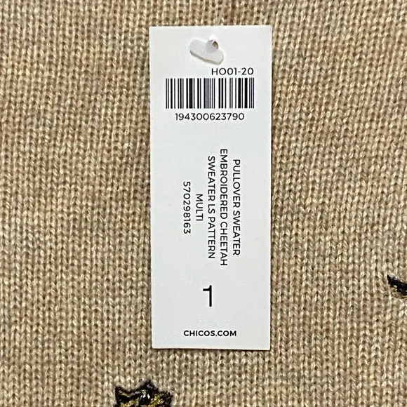 NWT Embroidered Cheetah Chico’s Soft Cashmere /Wool Blend Knit Pullover Sweater