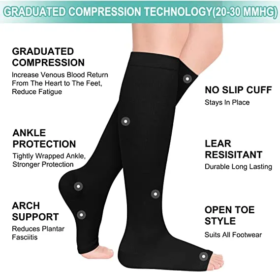 Open-Toed  Leg Stocking（2 Pairs 20-30mmHg） -Toeless Calf Compression Sleeves | Actinput