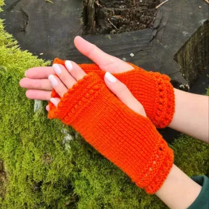 Orange Stretchy Fingerless Gloves, Dog walking mittens
