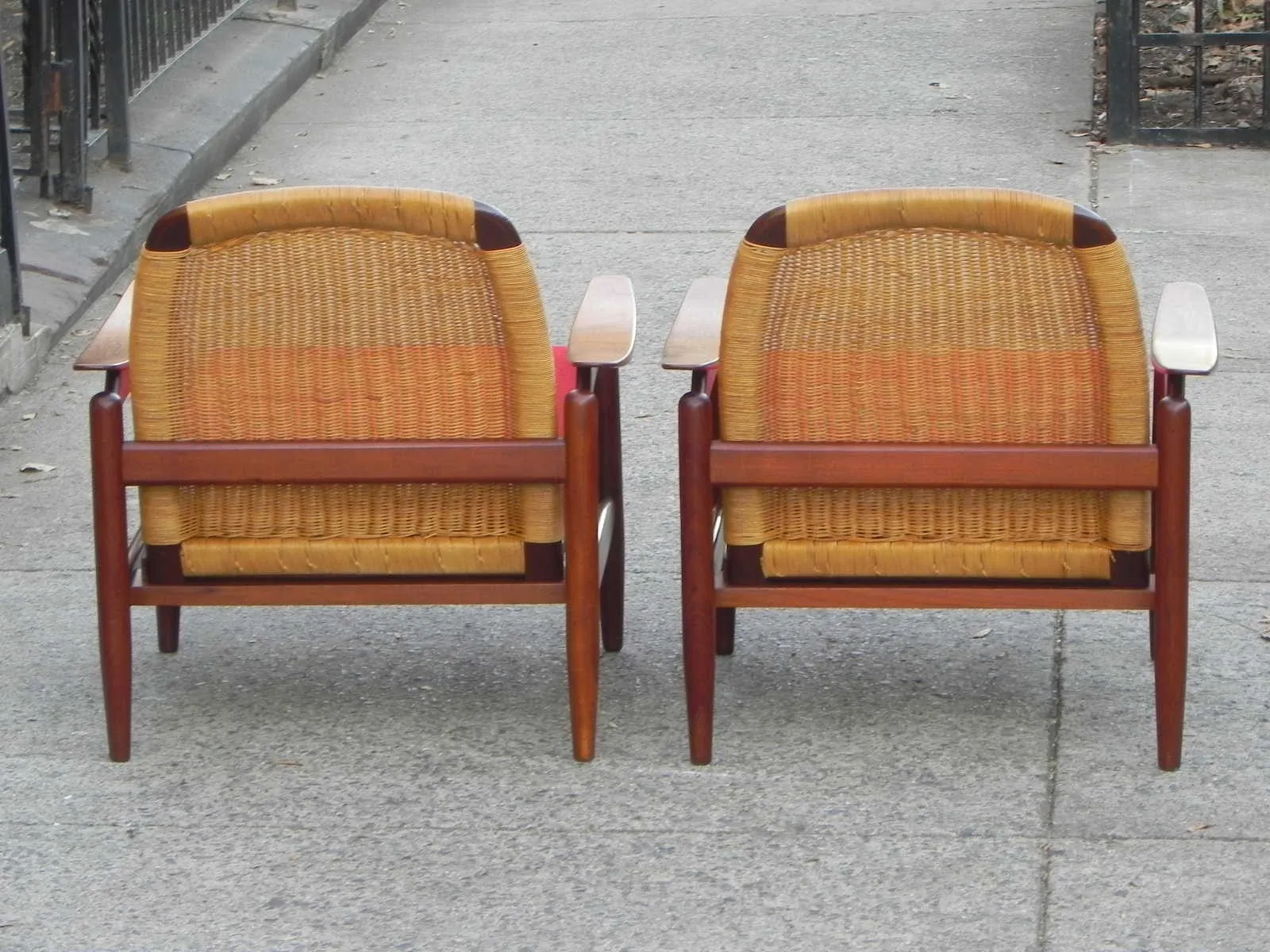 Pair Danish Modern Teak Floating Caned Back Chairs