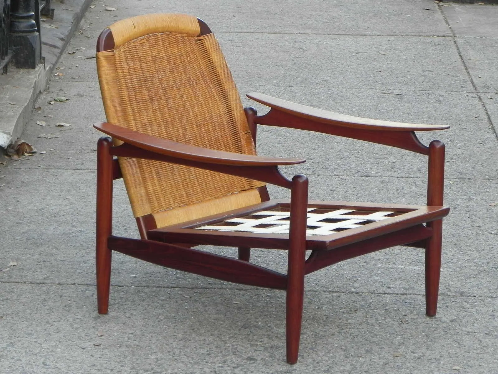 Pair Danish Modern Teak Floating Caned Back Chairs