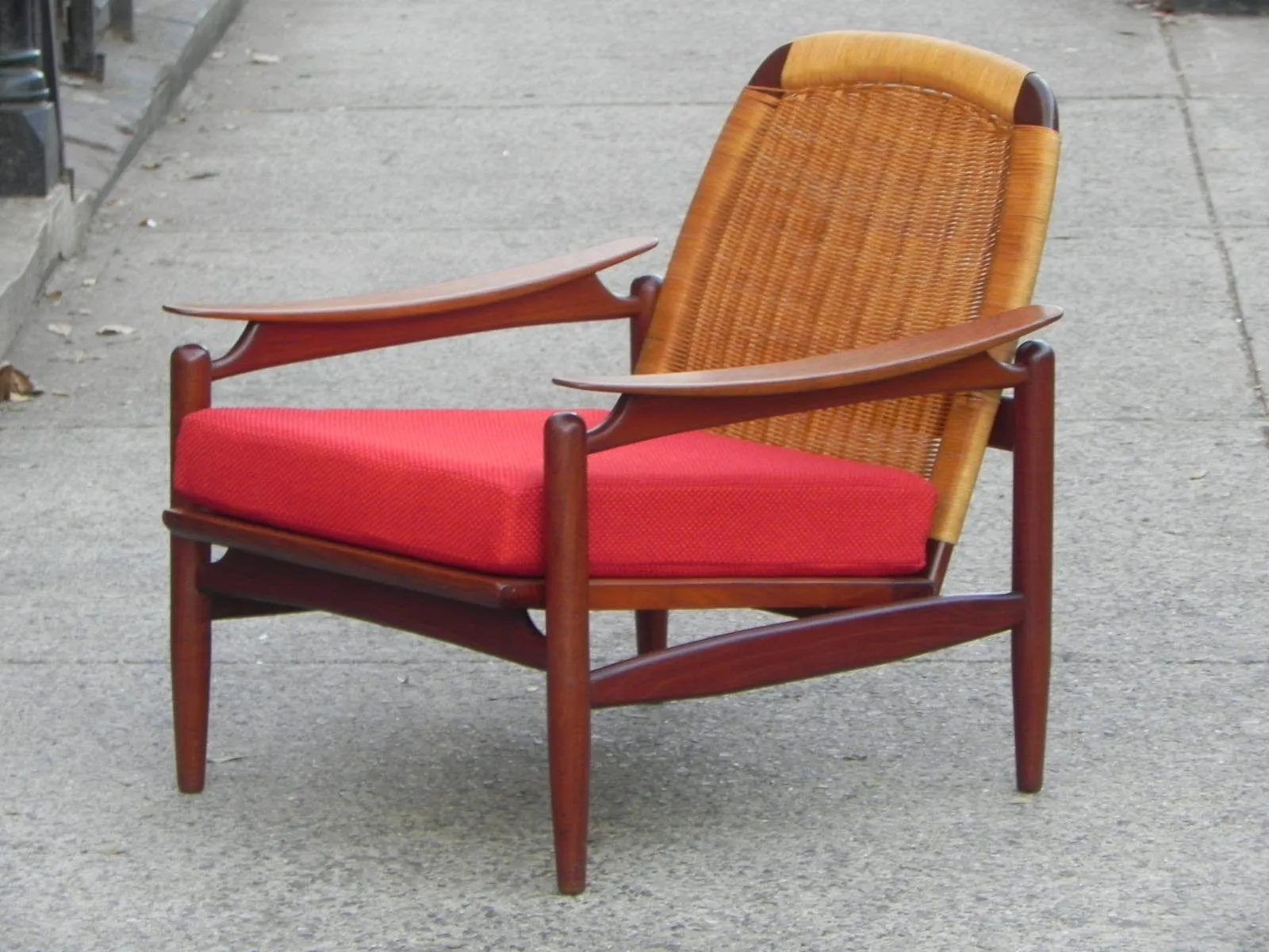 Pair Danish Modern Teak Floating Caned Back Chairs