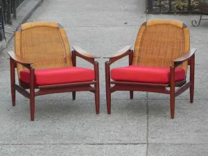 Pair Danish Modern Teak Floating Caned Back Chairs