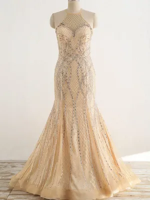 Patterned Beading Sequins Halter Illusion Back Mermaid Sweetheart Neck Long Prom Gown Dresses,PD00037