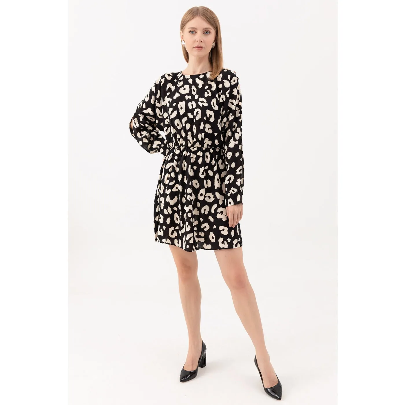 Patterned Sleeves Slit Dress