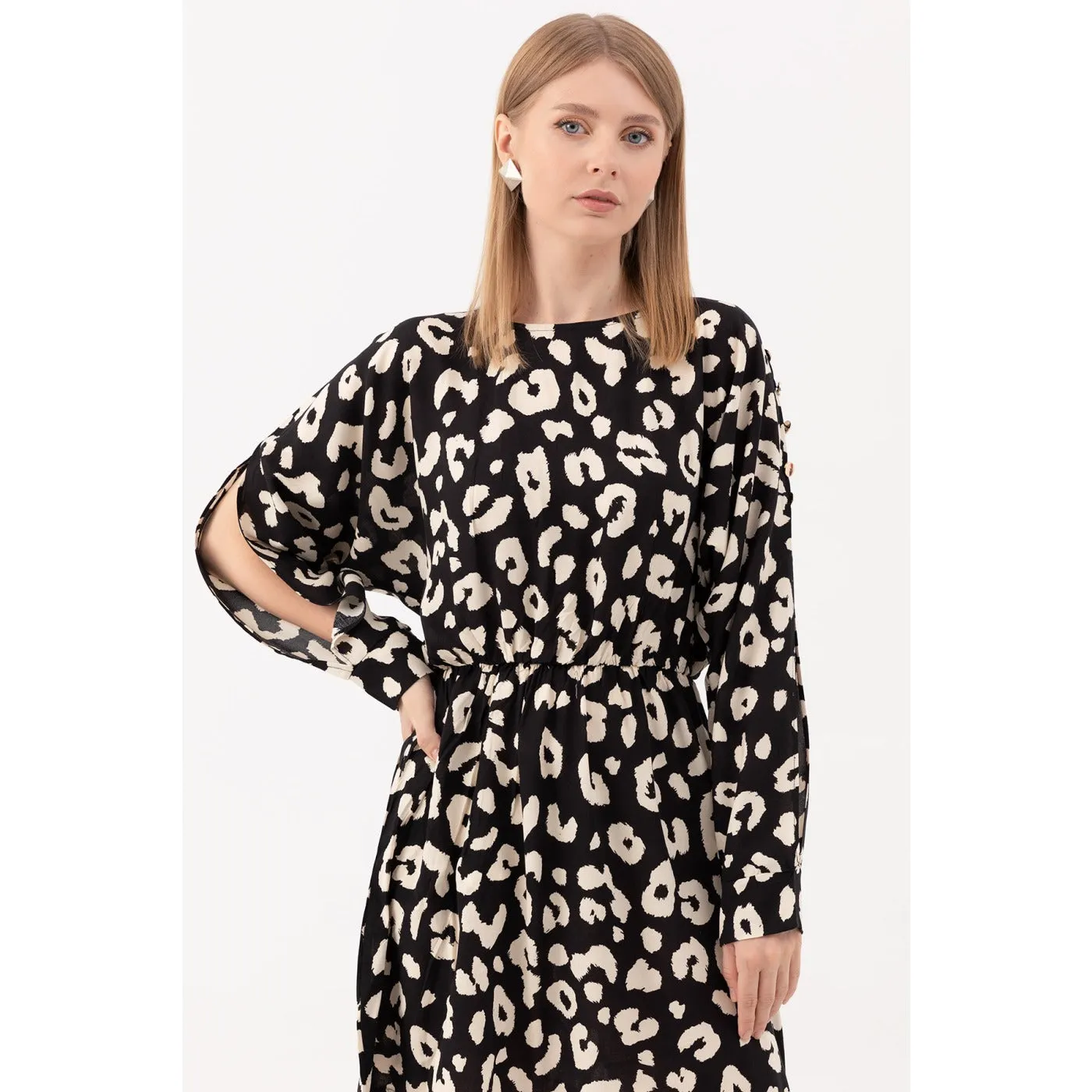 Patterned Sleeves Slit Dress