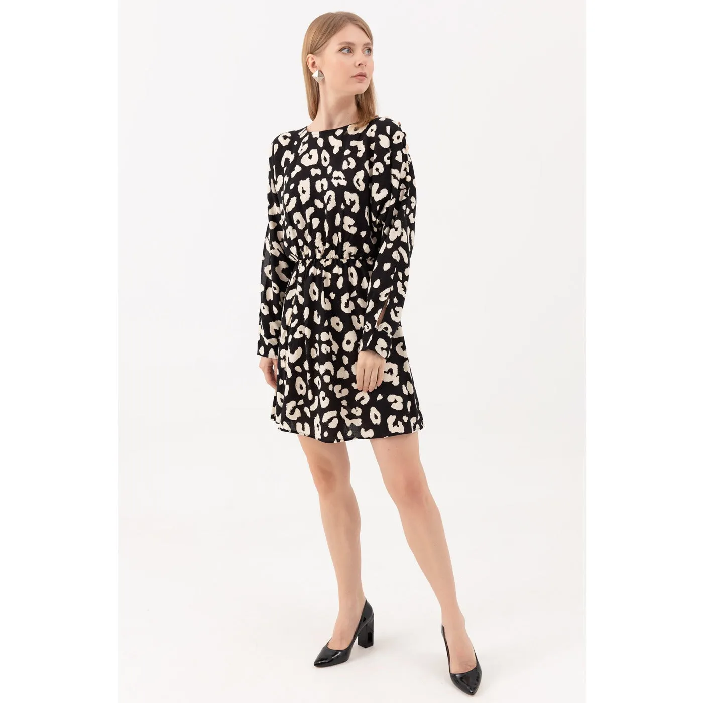 Patterned Sleeves Slit Dress