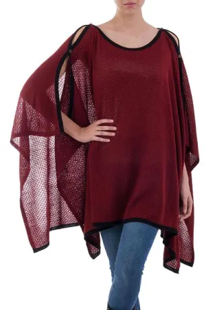 'Peruvian Roots' Knit Burgundy Poncho w/Black Trim