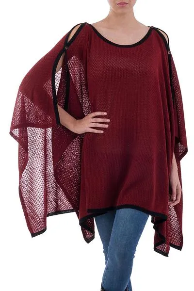 'Peruvian Roots' Knit Burgundy Poncho w/Black Trim