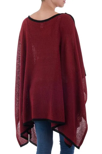 'Peruvian Roots' Knit Burgundy Poncho w/Black Trim