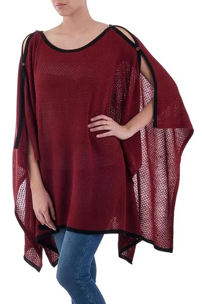 'Peruvian Roots' Knit Burgundy Poncho w/Black Trim