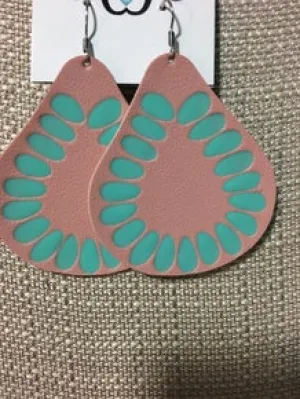 Pink and blue leather teardrop earrings