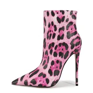 Pointed Toe Leopard High Heel Ankle Boots