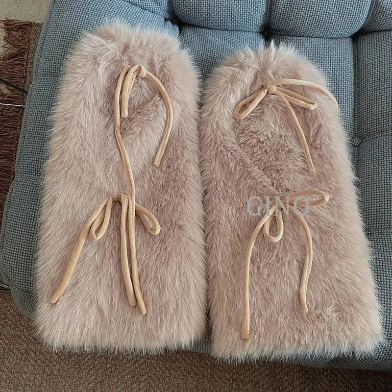 Punk Bow Tie Faux Rabbit Fur Leg Warmers – Y2K Winter Plush Boot Covers for Cold Weather