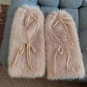 Punk Bow Tie Faux Rabbit Fur Leg Warmers – Y2K Winter Plush Boot Covers for Cold Weather