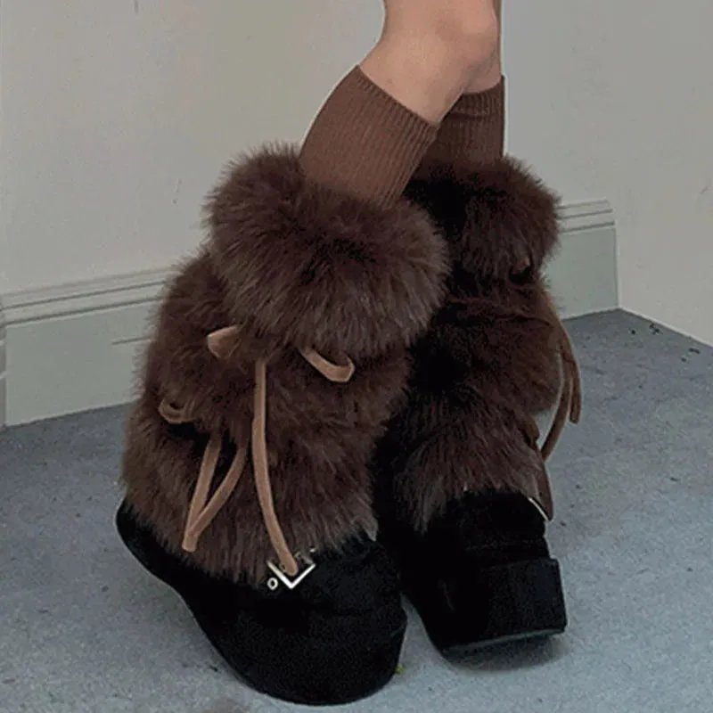 Punk Bow Tie Faux Rabbit Fur Leg Warmers – Y2K Winter Plush Boot Covers for Cold Weather