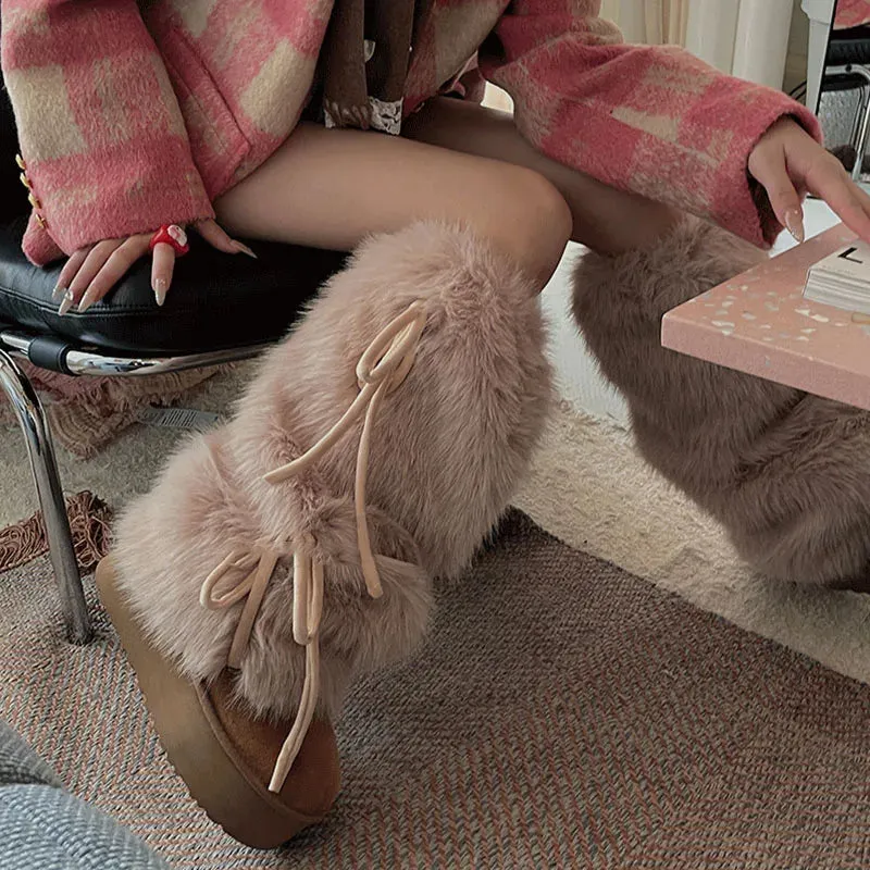 Punk Bow Tie Faux Rabbit Fur Leg Warmers – Y2K Winter Plush Boot Covers for Cold Weather
