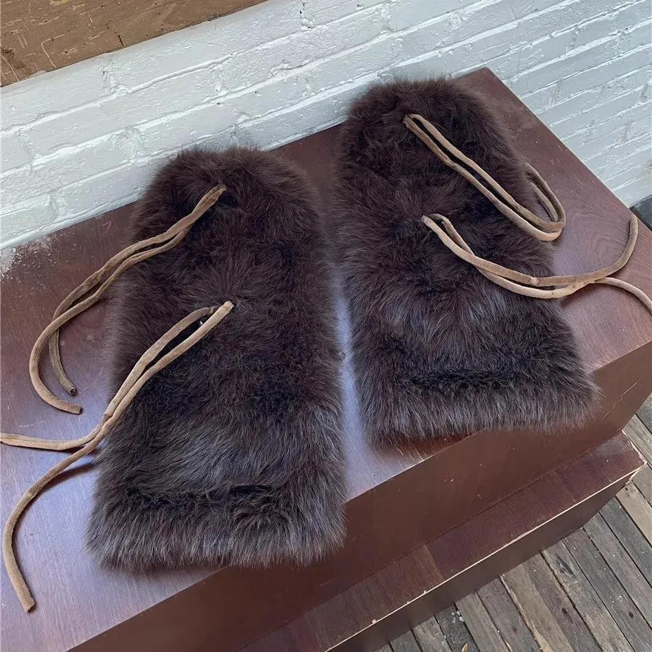 Punk Bow Tie Faux Rabbit Fur Leg Warmers – Y2K Winter Plush Boot Covers for Cold Weather