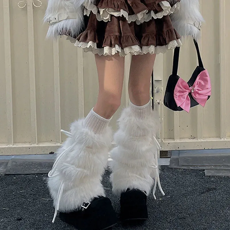 Punk Bow Tie Faux Rabbit Fur Leg Warmers – Y2K Winter Plush Boot Covers for Cold Weather