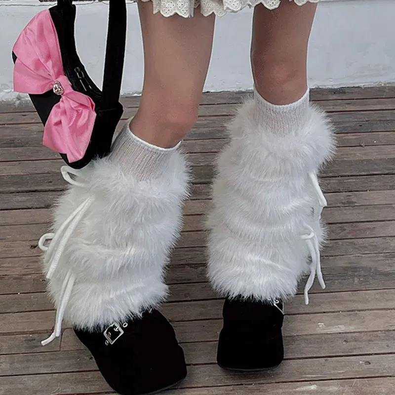 Punk Bow Tie Faux Rabbit Fur Leg Warmers – Y2K Winter Plush Boot Covers for Cold Weather