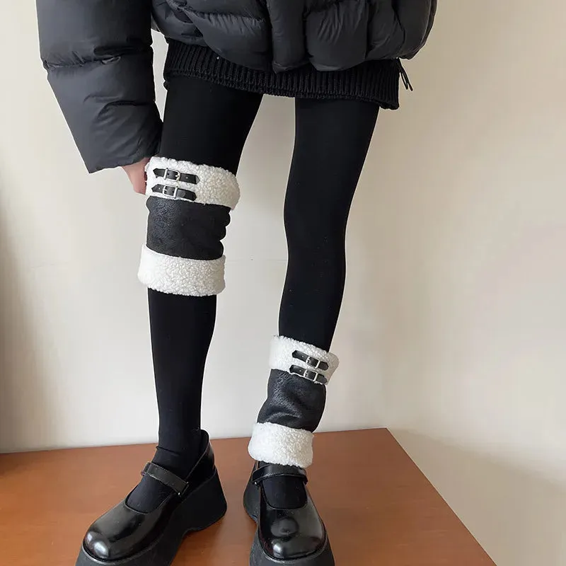 Punk Thickened Lamb’s Wool Suede Leg Warmers – Y2K Winter Knee Warmers with Plush Fur Ball Detail