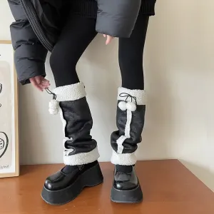 Punk Thickened Lamb’s Wool Suede Leg Warmers – Y2K Winter Knee Warmers with Plush Fur Ball Detail