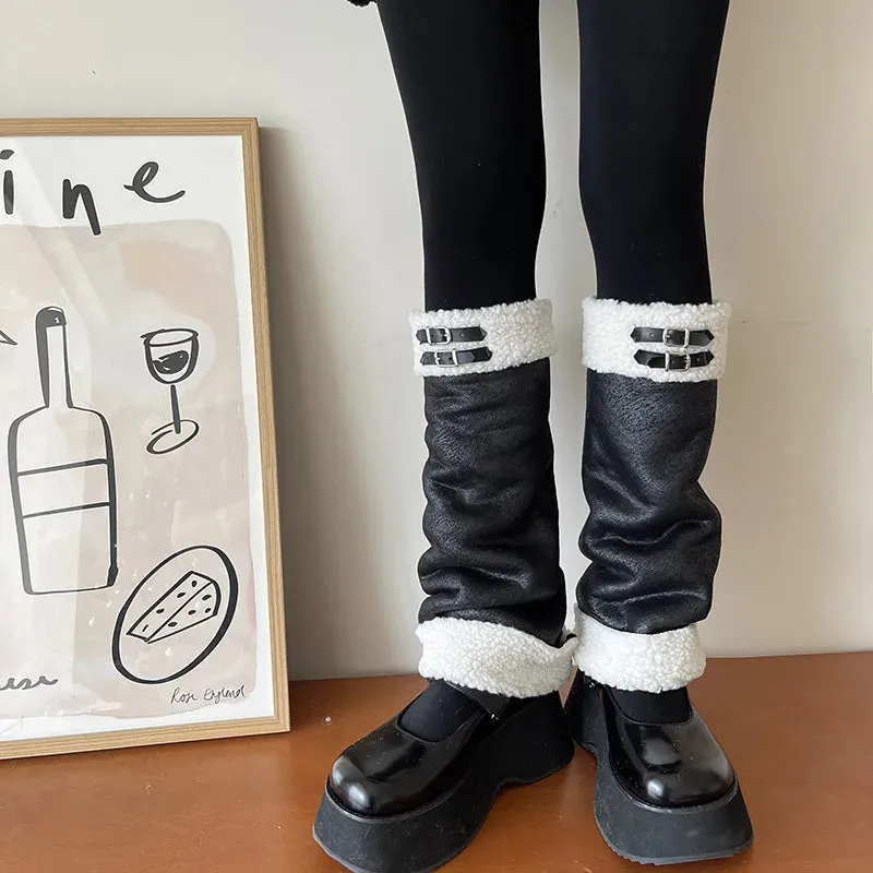 Punk Thickened Lamb’s Wool Suede Leg Warmers – Y2K Winter Knee Warmers with Plush Fur Ball Detail