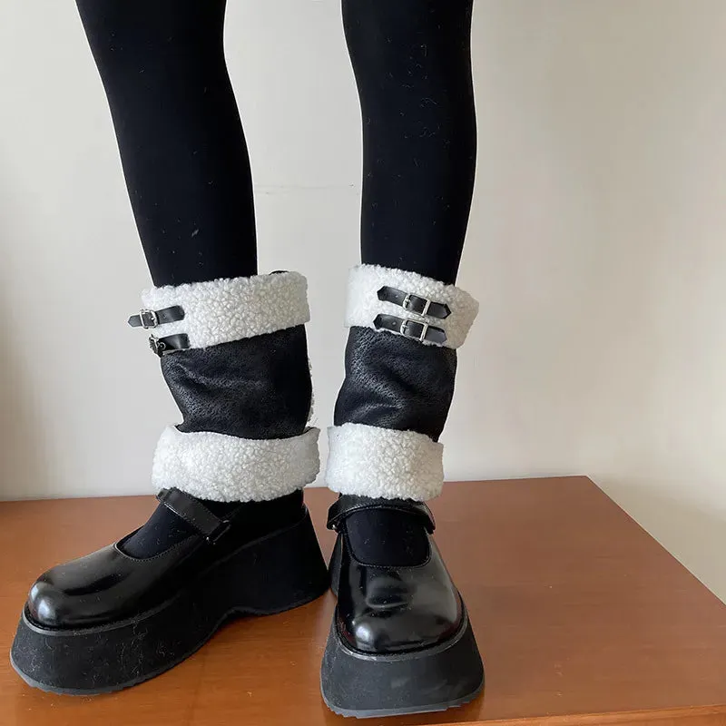 Punk Thickened Lamb’s Wool Suede Leg Warmers – Y2K Winter Knee Warmers with Plush Fur Ball Detail