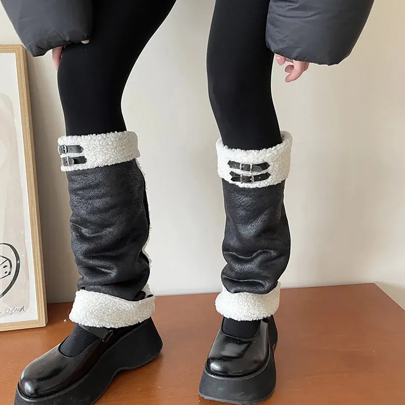 Punk Thickened Lamb’s Wool Suede Leg Warmers – Y2K Winter Knee Warmers with Plush Fur Ball Detail