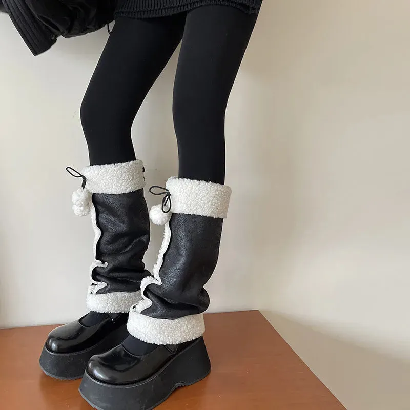 Punk Thickened Lamb’s Wool Suede Leg Warmers – Y2K Winter Knee Warmers with Plush Fur Ball Detail
