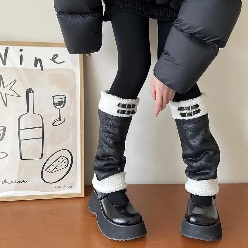 Punk Thickened Lamb’s Wool Suede Leg Warmers – Y2K Winter Knee Warmers with Plush Fur Ball Detail