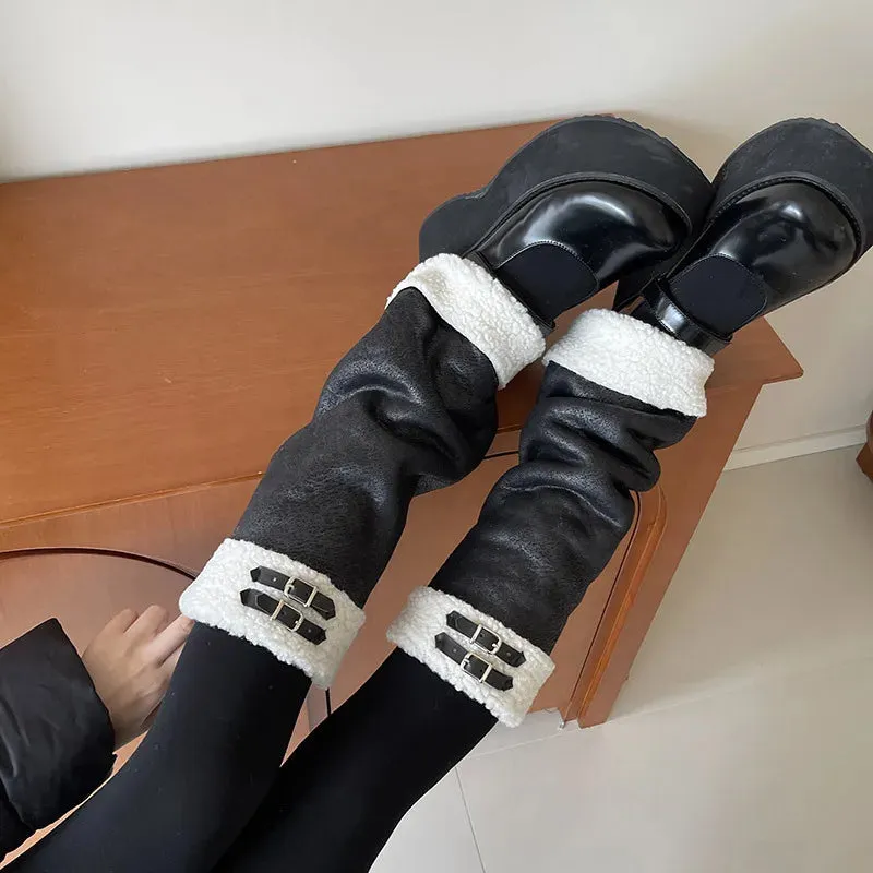 Punk Thickened Lamb’s Wool Suede Leg Warmers – Y2K Winter Knee Warmers with Plush Fur Ball Detail