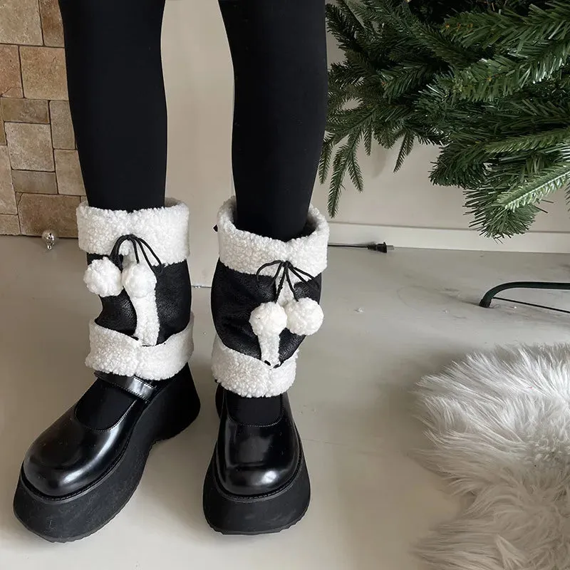 Punk Thickened Lamb’s Wool Suede Leg Warmers – Y2K Winter Knee Warmers with Plush Fur Ball Detail