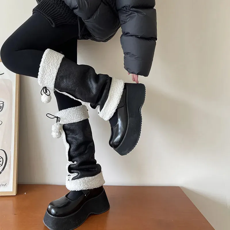 Punk Thickened Lamb’s Wool Suede Leg Warmers – Y2K Winter Knee Warmers with Plush Fur Ball Detail