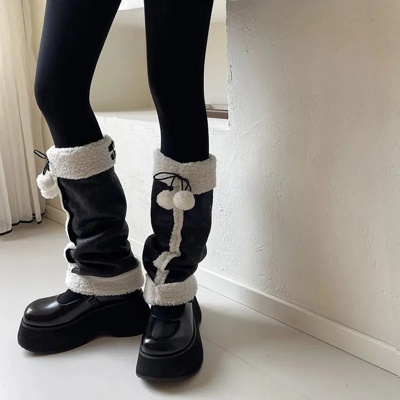 Punk Thickened Lamb’s Wool Suede Leg Warmers – Y2K Winter Knee Warmers with Plush Fur Ball Detail