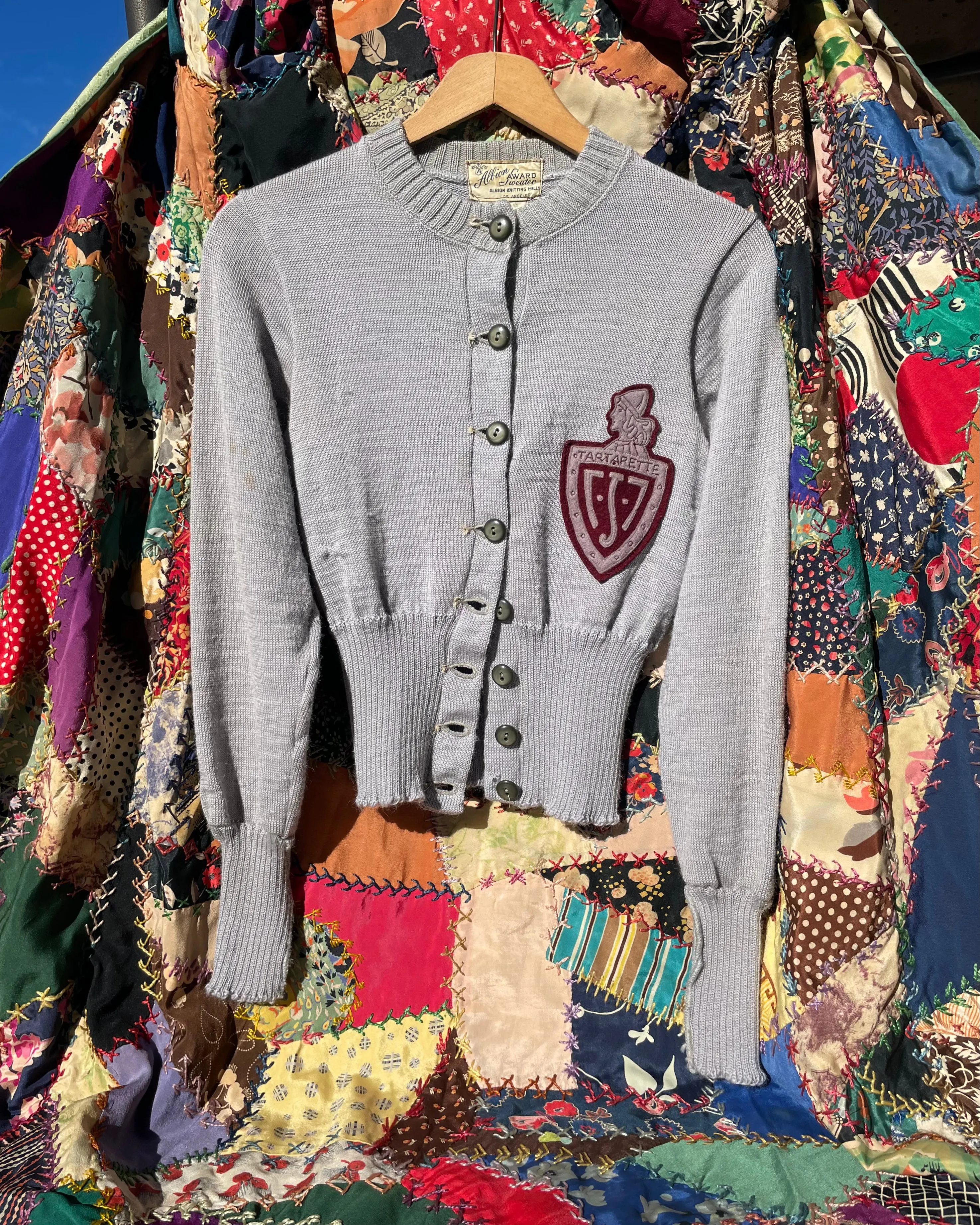 Rare 1930s Womens Periwinkle Wool Knit Collegiate Cardigan