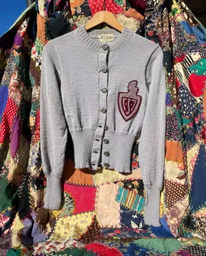 Rare 1930s Womens Periwinkle Wool Knit Collegiate Cardigan