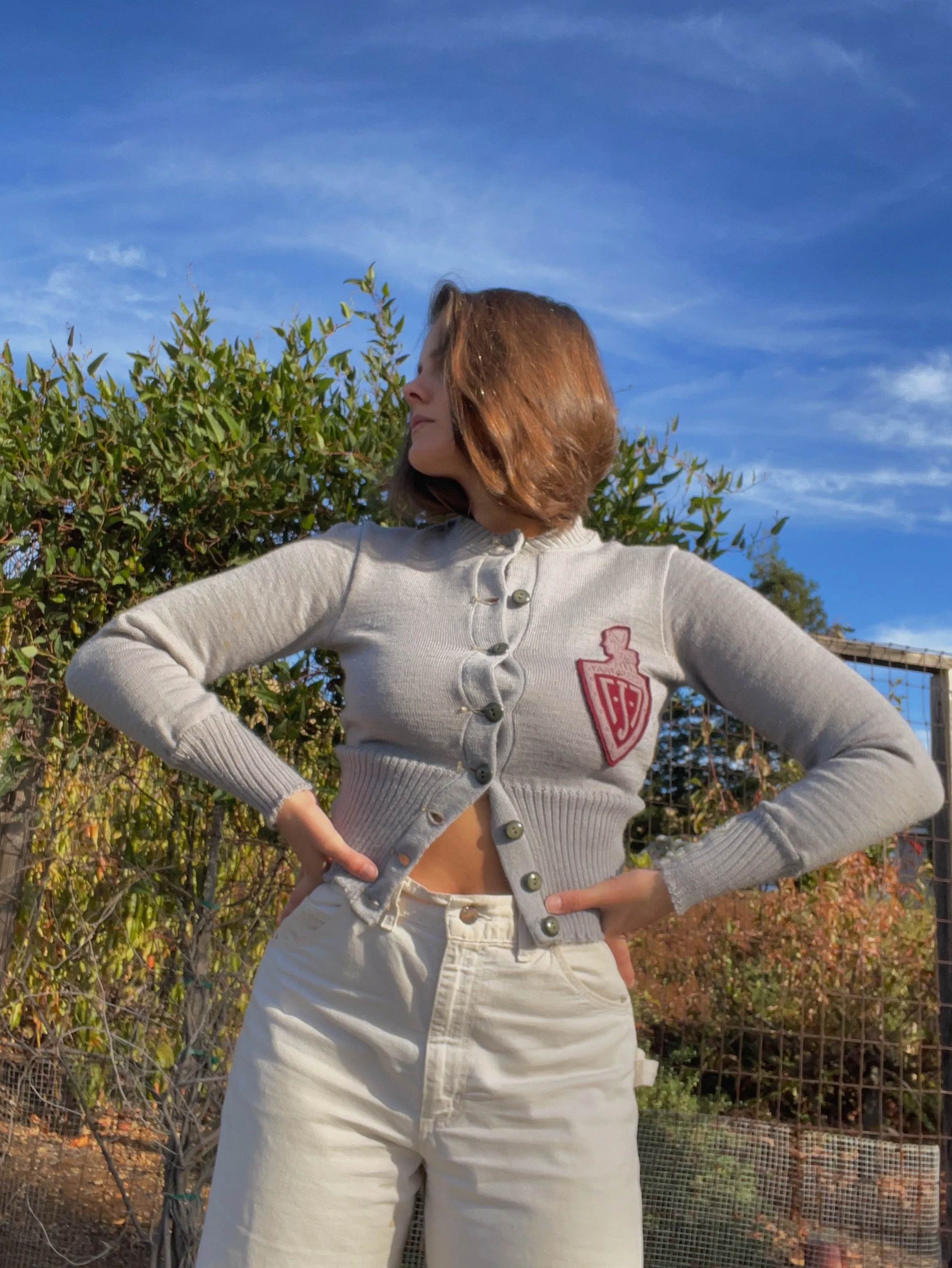 Rare 1930s Womens Periwinkle Wool Knit Collegiate Cardigan