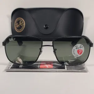 Ray-Ban Polarized Navigator Sunglasses RB3516 006/9A Matte Black Frame Green Classic Lens  Rectangle Shape
