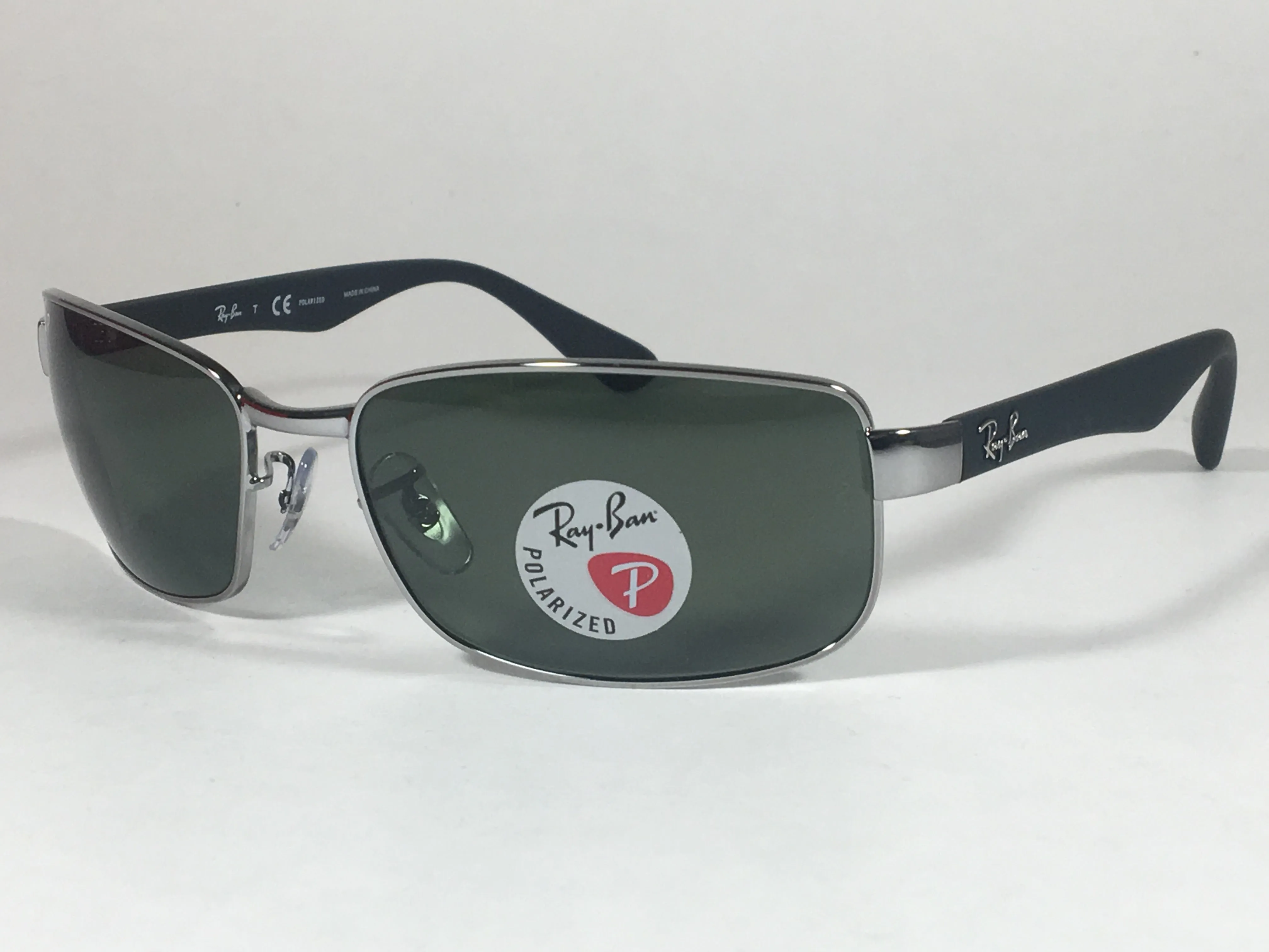 Ray-Ban Polarized Rectangle Sunglasses Gunmetal Matte Black Frame Gray Green Lens RB3478 004/58